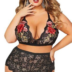 Women's Black Plus Size Lace Floral Red Rose Bra High Waist Panty Lingerie Set